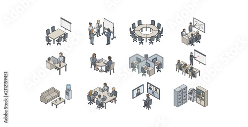 Isometric Office and Business Meeting Icon Set