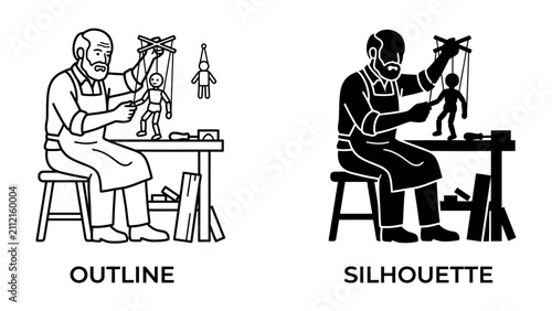 Obraz na płótnie Puppeteer at Work: A craftsman, seen in both outline and silhouette, demonstrates the art of puppetry, manipulating a puppet with strings from his workstation