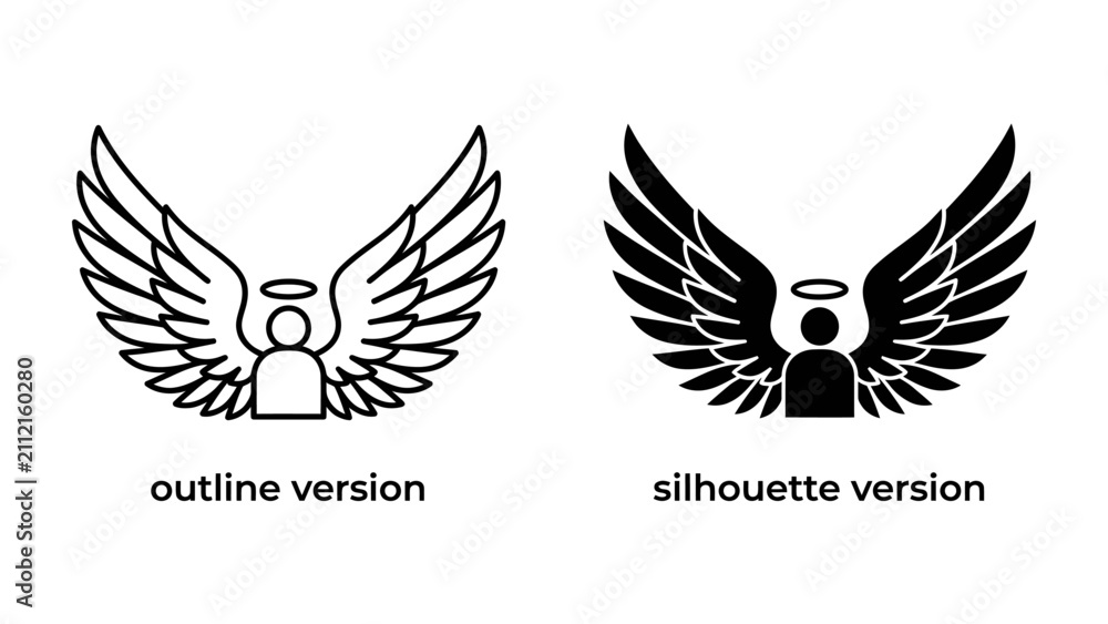 Fototapeta premium Angel Icons: A clear comparison showcasing two stylized angel icons, one as an outline and the other as a solid silhouette, both featuring prominent wings and a halo.