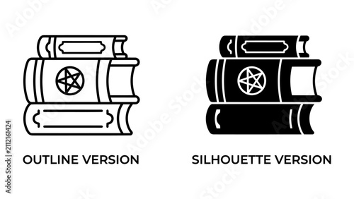 Konstfotografi Ancient Tomes: A collection of vintage books, featuring an outline and silhouette version, adorned with a mystic pentagram symbol, hinting at arcane knowledge and forgotten lore