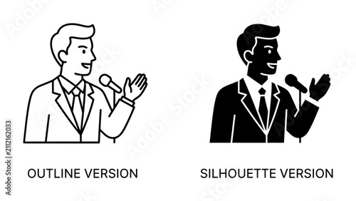 Canvastavla Businessman Speaking at Podium: A line art illustration and a silhouette depiction of a businessman speaking into a microphone at a podium, representing public speaking or a presentation