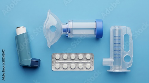 Asthma inhaler, spacer device and blister pack of medication on blue background. Medical tools for treatment of lung condition and respiratory disease. Management of chronic pulmonary illness.