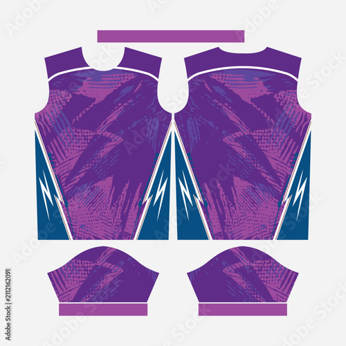 Abstract Paint Brush Splash Sportswear Jersey Pattern Vector Template, Purple and Dark Blue Camo Sublimation T-Shirt Layout, Athletic Team Uniform Design for Soccer, Volleyball, Badminton, Running, an