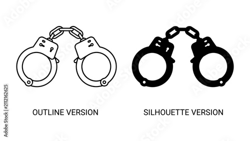 Fotografie Handcuffs Icons: A set of iconic handcuffs presented in both outline and silhouette versions, symbolizing restraint and justice