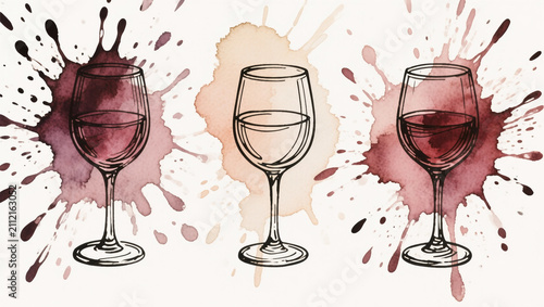 Elegant watercolor wine glasses with expressive paint splashes in burgundy and soft beige. Minimalist line art illustration isolated on a white background, ideal for wineries, restaurants, celebration