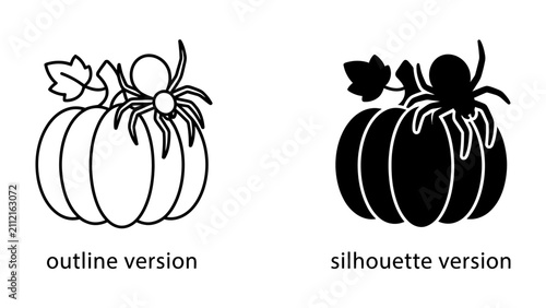 Fotografía Spooky Halloween Pair: A graphic depiction of a pumpkin with a spider and leaves, presented in both outline and silhouette versions, perfect for Halloween-themed designs