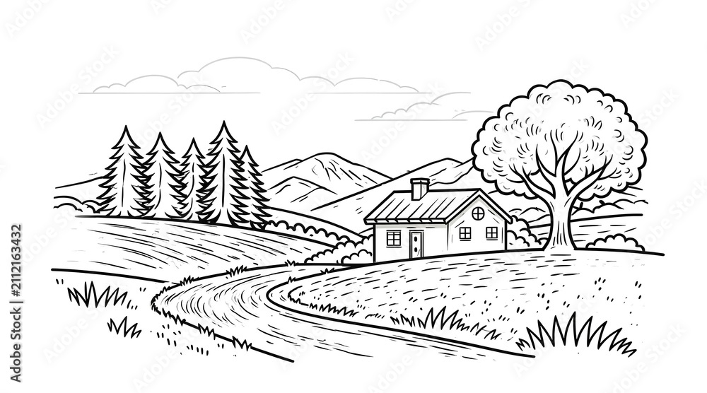 Fototapeta premium Hand-drawn scenic rural landscape illustration featuring a charming countryside house, winding road, and natural mountain backdrop