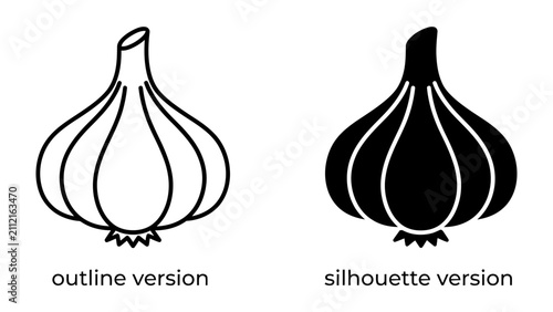 Konstfotografi Garlic Icon Set: A duo of graphic representations showcasing a garlic bulb in both outline and silhouette styles, ideal for culinary or health-related designs