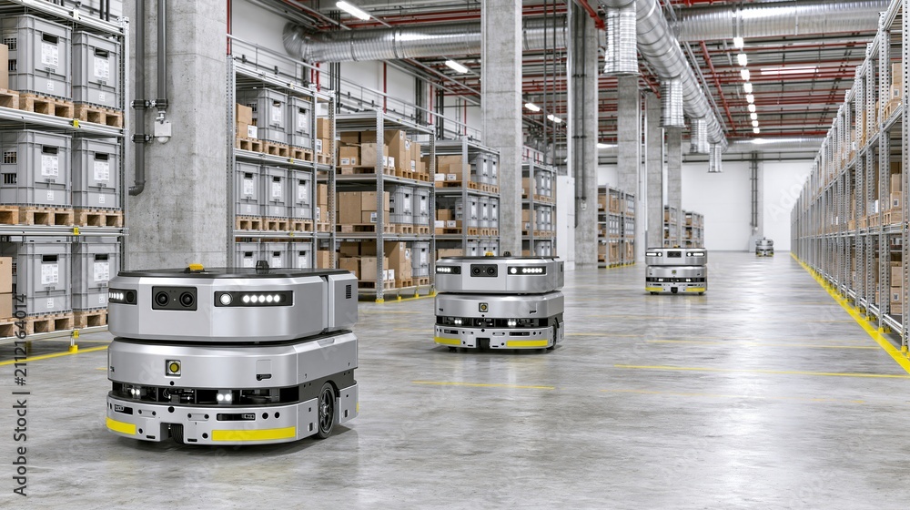 Fototapeta premium Multiple autonomous mobile robot vehicles moving inside modern large logistics warehouse with stored boxes on metal shelves represents warehouse automation and smart logistics concept
