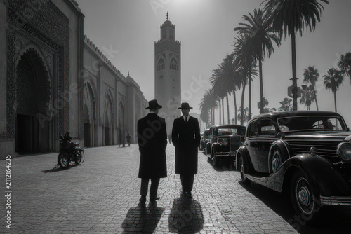 Two men in vintage suits walking near mosque with classic cars in black and white