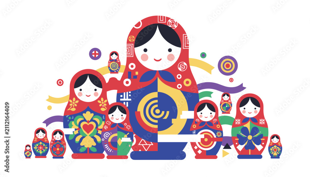 Fototapeta premium Collection of traditional Russian matryoshka nesting dolls in various sizes and colorful geometric patterns.