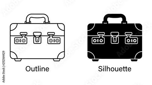 Принти на полотні Briefcase Outline and Silhouette: Two stylized representations of a classic briefcase, one in a clean outline and the other as a solid black silhouette