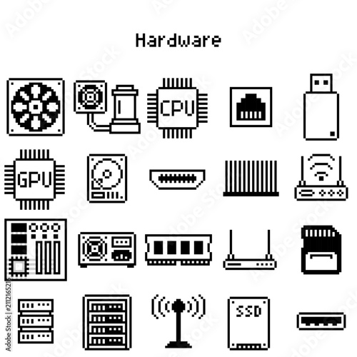 Computer Hardware Icon Set Pixel Art Monochrome Vector Icons