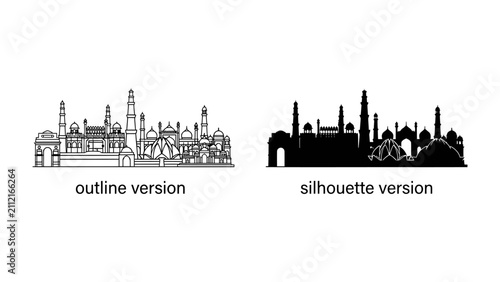 Foto Indian Cityscape: A detailed outline and silhouette of an Indian city skyline, showcasing iconic architectural marvels and cultural landmarks