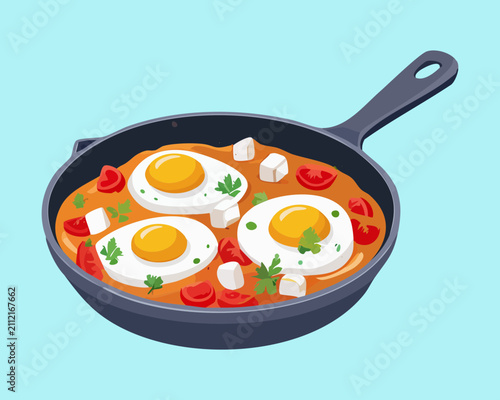 Skillet frying pan of cooked fried eggs with tomatoes for hot breakfast restaurant menu display graphic poster art - Vector Illustration