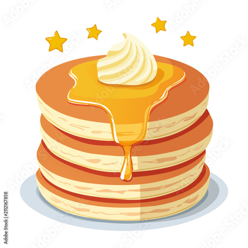 Delicious stack of golden pancakes with butter and drizzled syrup on decorative soft pink backdrop - Vector Illustration