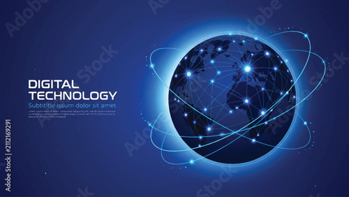 Fotografía Digital world map with glowing network connections on blue globe surface, featuring orbital lines and illuminated dots in futuristic wireframe design