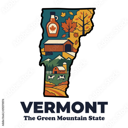 Vermont state map showing autumn rural landscape symbols