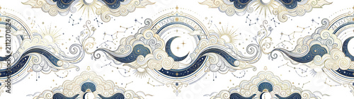 Celestial Pattern with Clouds, Moon, and Stars