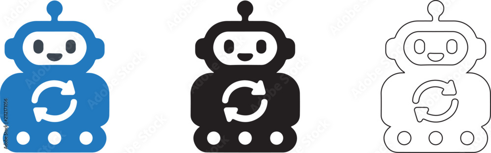 Fototapeta premium AI Robot Sync Icon Set, Chatbot Refresh, Artificial Intelligence Update, Black Blue Outline Vector Pictogram Collection