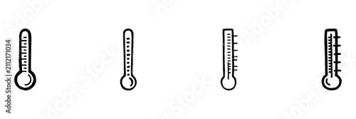Thermometer Hand Drawn Doodle Icon Set. Temperature Measurement, Climate Monitoring And Medical Check Sketch Symbol Collection. Healthcare And Weather. Isolated Vector Illustration