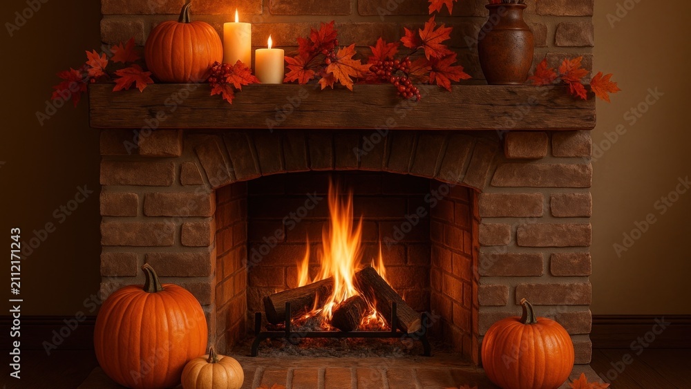 Fototapeta premium Cozy autumn fireplace decor wallpaper for desktop