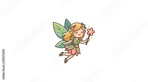 Obraz na płótnie Blonde Fairy Flying with Flower Illustration.