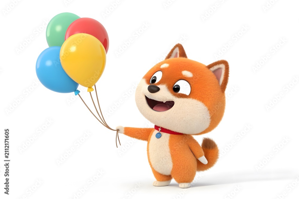 Fototapeta premium Cartoon Shiba Inu dog holding colorful balloons and smiling