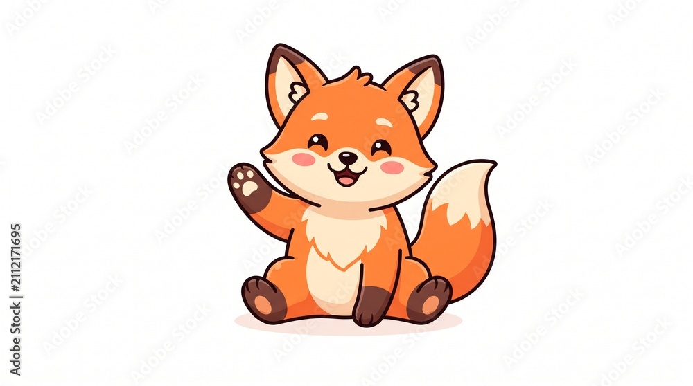 Fototapeta premium Cute Smiling Kawaii Fox Waving Cartoon Character Sitting Isolated on White Background Flat Vector Style