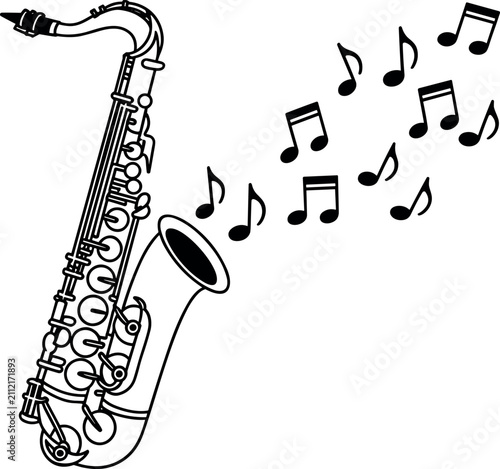 Photography Saxophone playing musical notes vector line art illustration retro jazz instrume