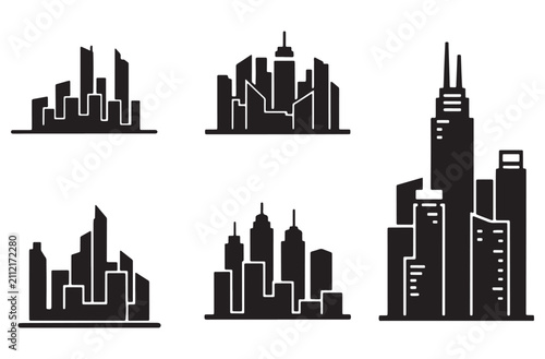 Set of six distinct city skyline silhouettes with high rise buildings and skyscrapers showing urban landscape architectural views for modern metropolitan city real estate concept.