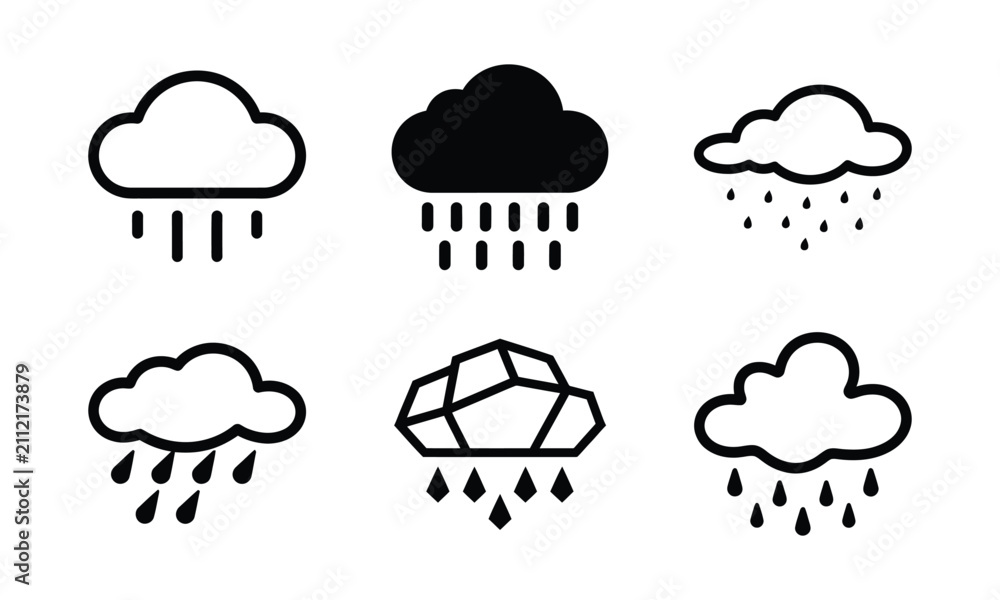 Obraz premium Variety of rain cloud icons in black outline aesthetic.