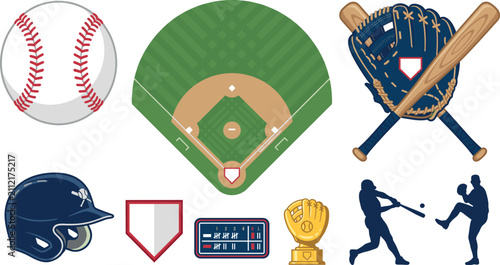 Fotografie Baseball Equipment Illustration Set Featuring Classic Leather Ball Green Diamond