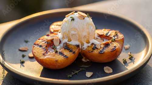 Grilled Peaches with Vanilla Ice Cream Honey Topping Sliced Almonds and Fresh Thyme Garnish Plated on Dark Matte Ceramic Plate Elegant Summer Fruit Dessert Gourmet Cuisine Close Up,  Sweet Treat, Diet