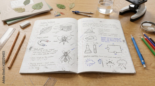 Opened science notebook with sketches and notes on wooden table