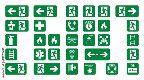 A collection of twenty-five minimalist green emergency and safety.
