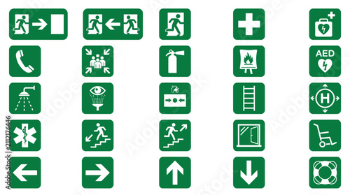 A collection of twenty-five minimalist green emergency and safety.