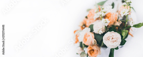Bouquet of pink roses on a white background. Banner for greeting.