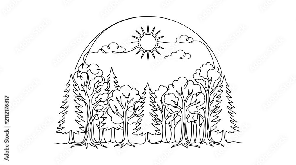 Fototapeta premium Continuous Line Drawing of a Forest Landscape with Sun and Trees