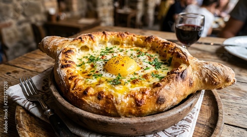 Hot freshly baked khachapuri bread with golden egg yolk and melted cheese topping for meal.
