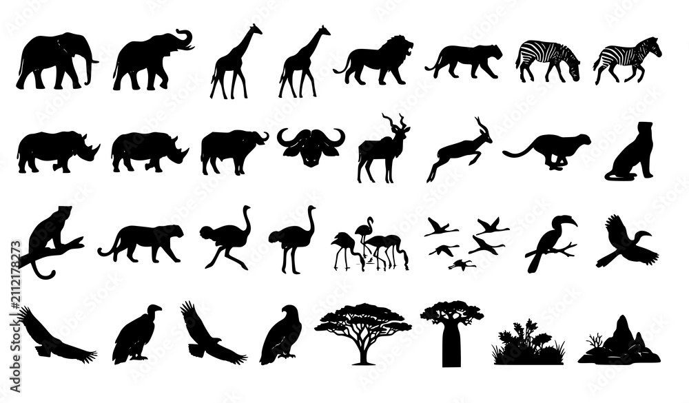 Fototapeta premium African Savannah Animal Silhouette Vector Set with Elephants Giraffes Birds and Trees