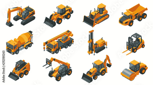 Картината върху платно Collection of Isometric Construction Vehicles and Heavy Machinery for Building Projects