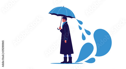 Sad man standing in the rain with a leaking blue umbrella as large water droplets fall around him in a conceptual representation of gloom.