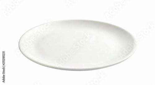White ceramic dinner plate with minimalist design, isolated on transparent background for restaurant menus and kitchen product displays 