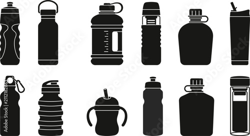 Reusable Water Bottle Silhouette Icon Set with Sports Shakers Flasks Tumblers and Canteen Symbols for Fitness Graphic Designs