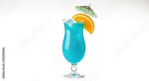 Blue Hawaiian cocktail in a hurricane glass garnished with an orange slice and paper umbrella isolated on white background