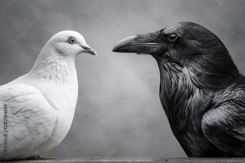 Obraz premium Black Raven and White Dove Facing Each Other in Contrast