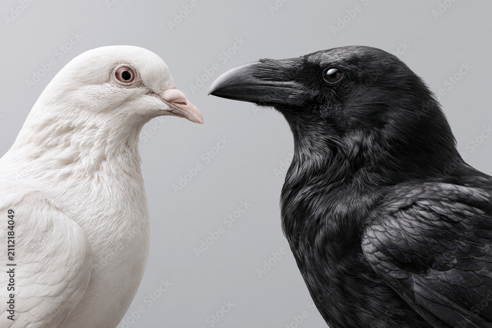 Obraz premium White Dove and Black Raven Facing Each Other Studio Portrait
