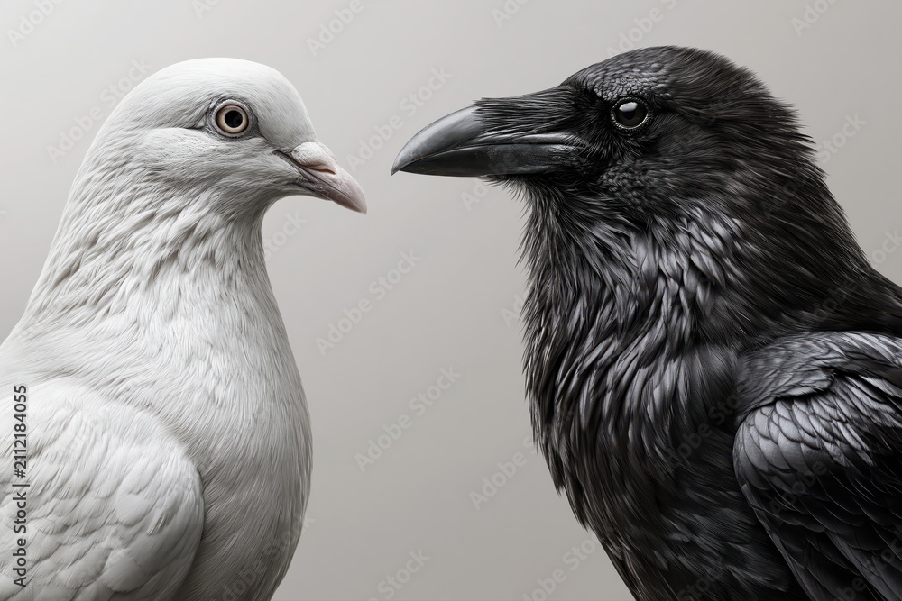 Obraz premium Contrast of light and dark birds facing each other