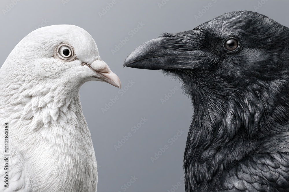 Obraz premium White Dove and Black Raven Face Off in Studio Portrait